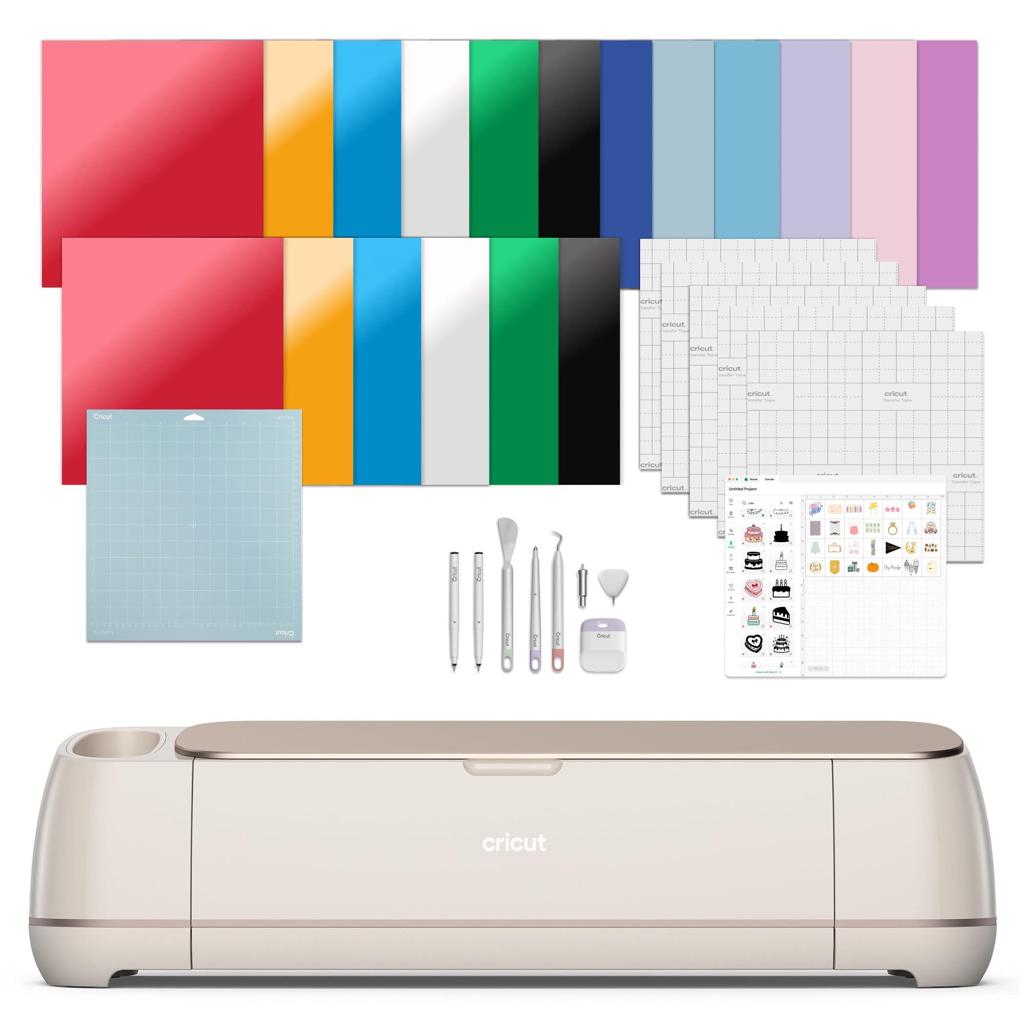 Cricut Maker 4 - Smart Cutting Machine (Seashell) | Engagement Bundle - Includes Smart Vinyl, Cardstock, Transfer Tape, Iron On HTV, Mat, Pens, Tool Kit, & 25 Images in Design Space App Image
