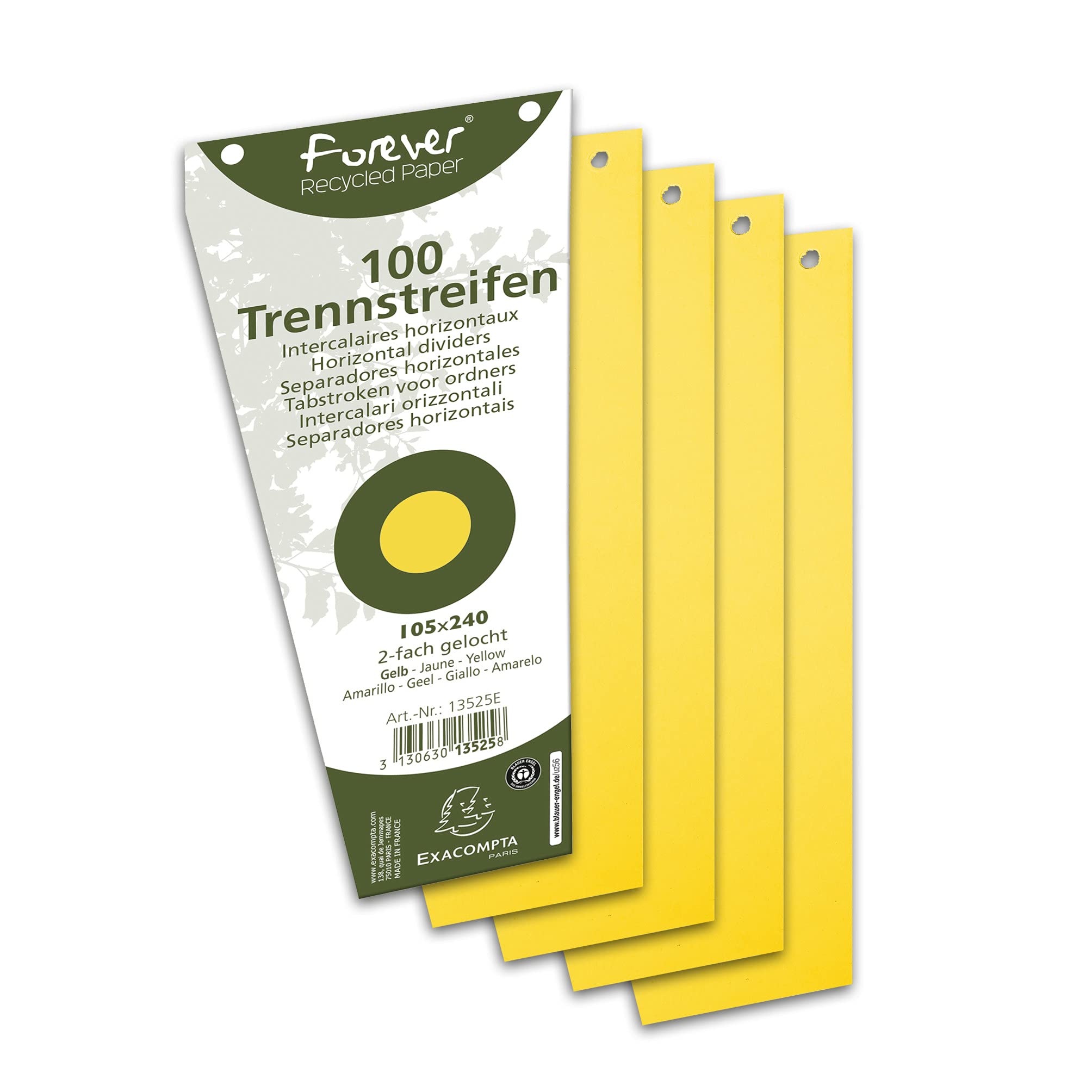 Exacompta - Ref 13525E - Forever Collection - Recycled Punched Card Dividers - 105 x 240mm, Pre-Punched for Folders or Files, Plain Recycled 180gsm Card - Yellow (100 Pack)