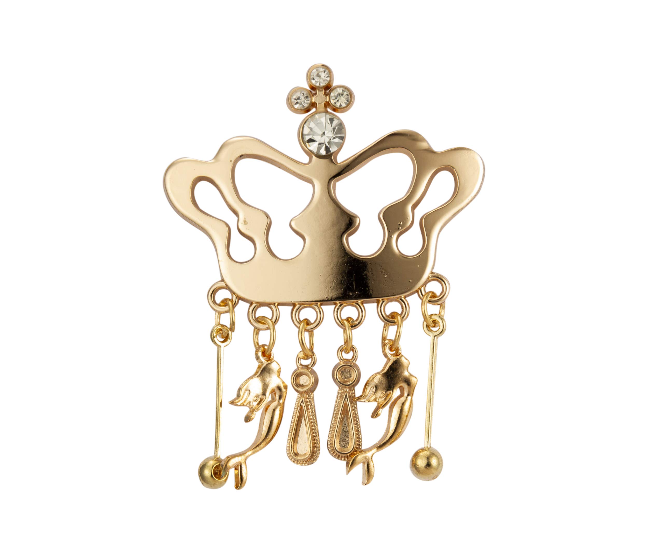 Knighthood Formal Gold Crown with Stone and Hanging Mermaid Detaling Lapel Pin Badge Coat Suit Wedding Gift Party Shirt Collar Accessories Brooch for Men