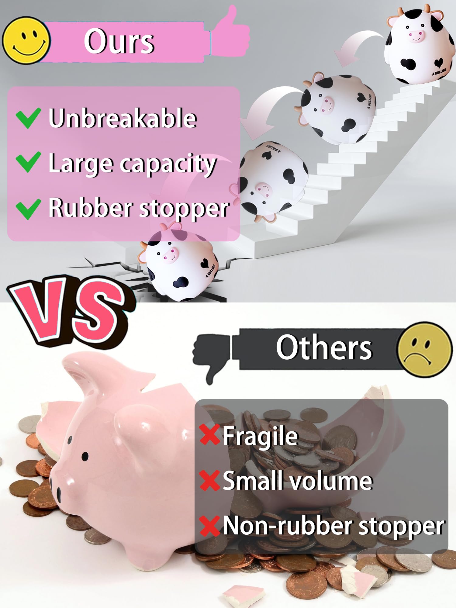 Piggy Bank, Unbreakable Plastic Money Bank, Piggy Bank for Girls and Boys Medium Size Cow Banks Perfect Baby Girl Nursery Décor Practical Gifts for Birthday Easter Christmas(White)