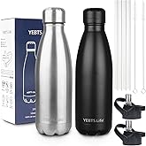 Insulated Water Bottle,2 Pack-12oz Stainless Steel Water Bottles with straw lid,Metal Sports Water Bottles for Boys,Girls,Double Wall Vacuum BPA-Free Flask for School, Sports (Black-Sliver)
