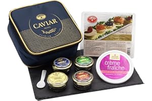 OLMA Imperial Caviar Gift Set - 4 oz (112g) of Caviar, Includes: Beluga, Osetra Caviar, White Sturgeon, Siberian Osetra Aurora & Serving Spoon & Blinis - Superior Grade Fresh Roe Fish Eggs