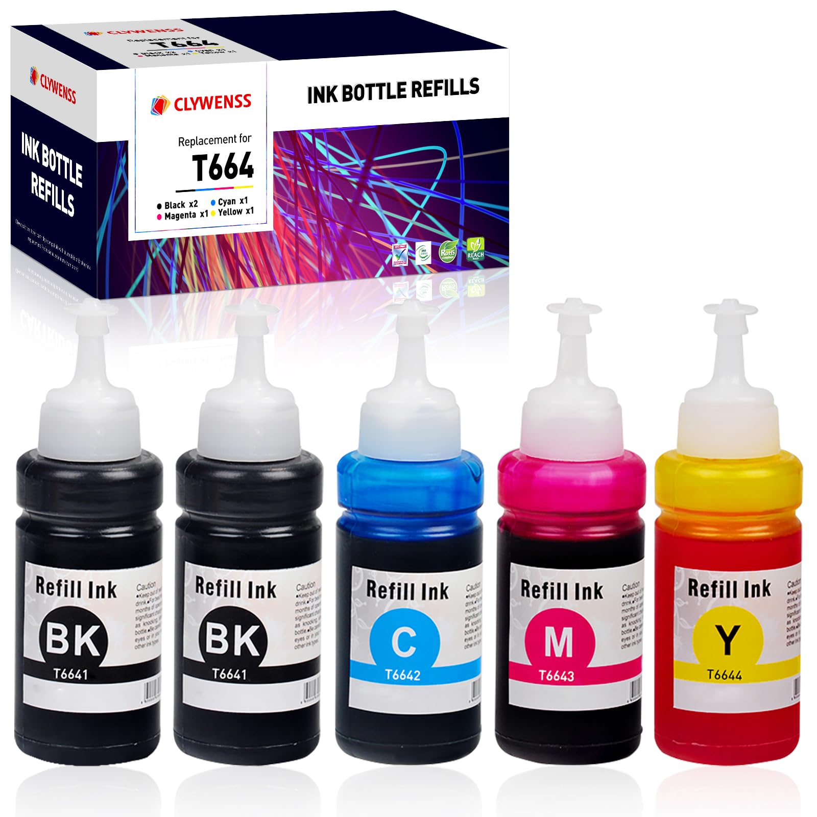 Clywenss 664 Ink Bottle Compatible with Epson T664 664 Printer Ink Refills for EcoTank ET-2650 ET-2600 ET-4500 ET-2550 ET-2500 L355 L555 ET-14000, 5-Pack (2 Black, 1 Cyan, 1 Magenta, 1 Yellow)
