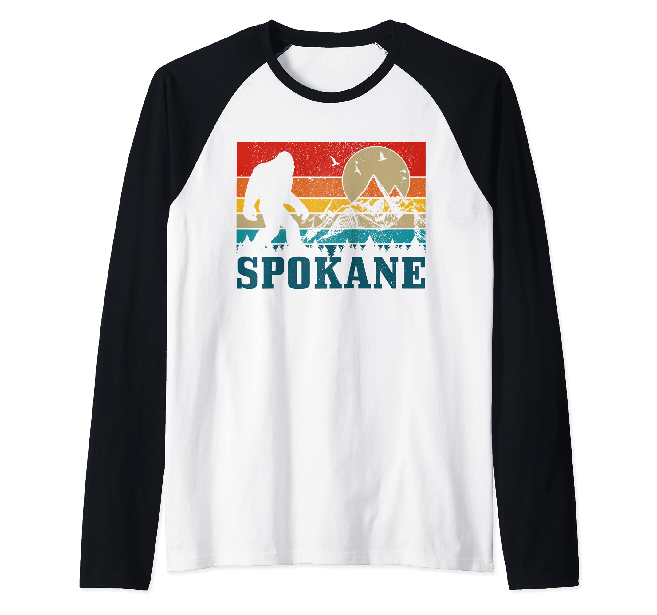 Spokane Washington Bigfoot Vintage Mountain Hiking Hunter Raglan Baseball Tee