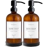 Vine Creations Amber Glass Soap Dispenser, 2 Pack Kitchen Soap Dispenser Set with Stainless Steel Pump, 16 oz Dish Soap and Hand Soap Dispensers for Bathroom with Waterproof Labels