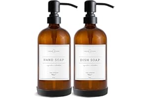 Vine Creations Amber Glass Soap Dispenser, 2 Pack Kitchen Soap Dispenser Set with Stainless Steel Pump, 16 oz Dish Soap and H
