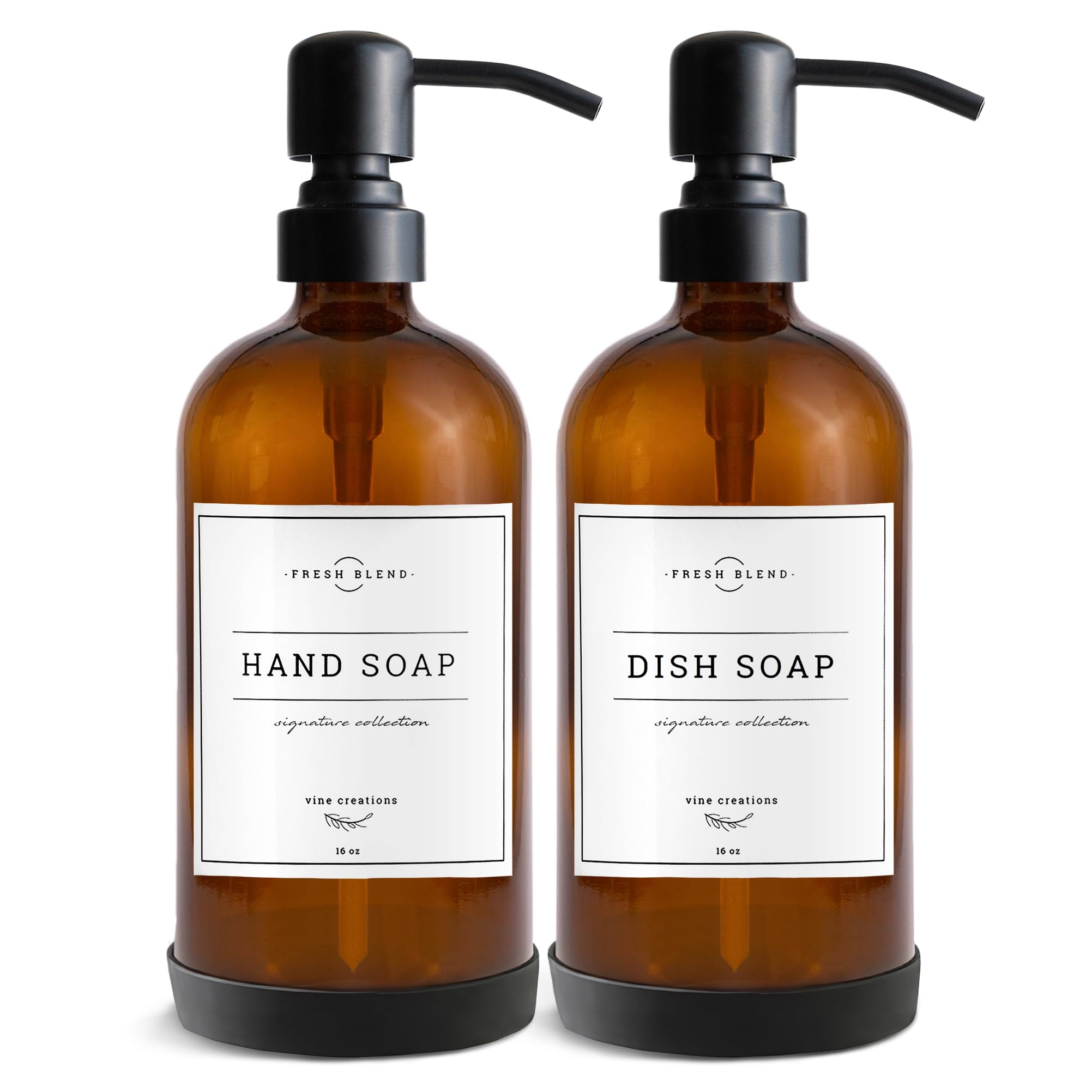 Vine Creations Amber Glass Soap Dispenser, 2 Pack Kitchen Soap Dispenser Set with Stainless Steel Pump, 16 oz Dish Soap and Hand Soap Dispensers for Bathroom with Waterproof Labels — image 1