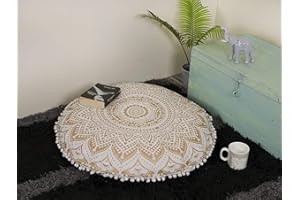 Popular Handicrafts Floor Pillow Cushion Cover - Large Hippie Mandala Ombre Floor Pillow Cover - Pouf Cover Round with Pom Pom Soft Particles, Bohemian Yoga Decor - 24" Gold