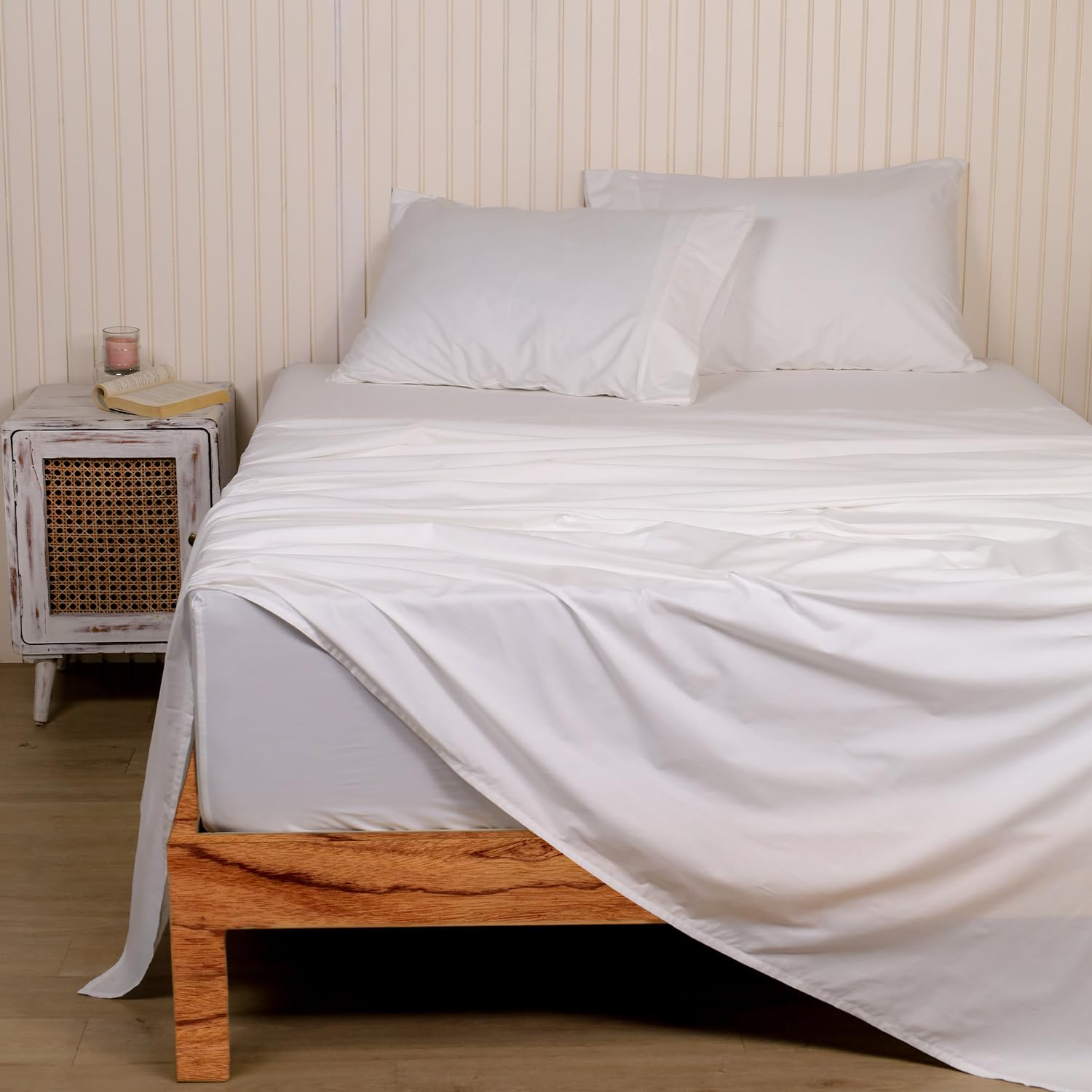 LINENWALAS 100% Cotton Percale Sheet Set King Size, Soft Breathable Crisp and Cooling Premium Cotton 4 Piece Sheet Set- 1 Flat, 1 Fitted, and 2 Pillowcases (White, King)