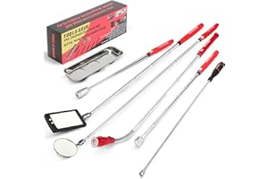 TOOLEAGUE 7Pcs Telescoping Magnetic Pickup Tool Set, Extendable LED Flashlight,Round & Square 360° Inspection Mirror for Men 