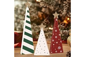 Sereliy 3PCS Wooden Christmas Tree Table Decor Red Green White Wooden Tree Sign with Star for Christmas Home Shelf Mantel Fireplace Party Decor (Pattern)
