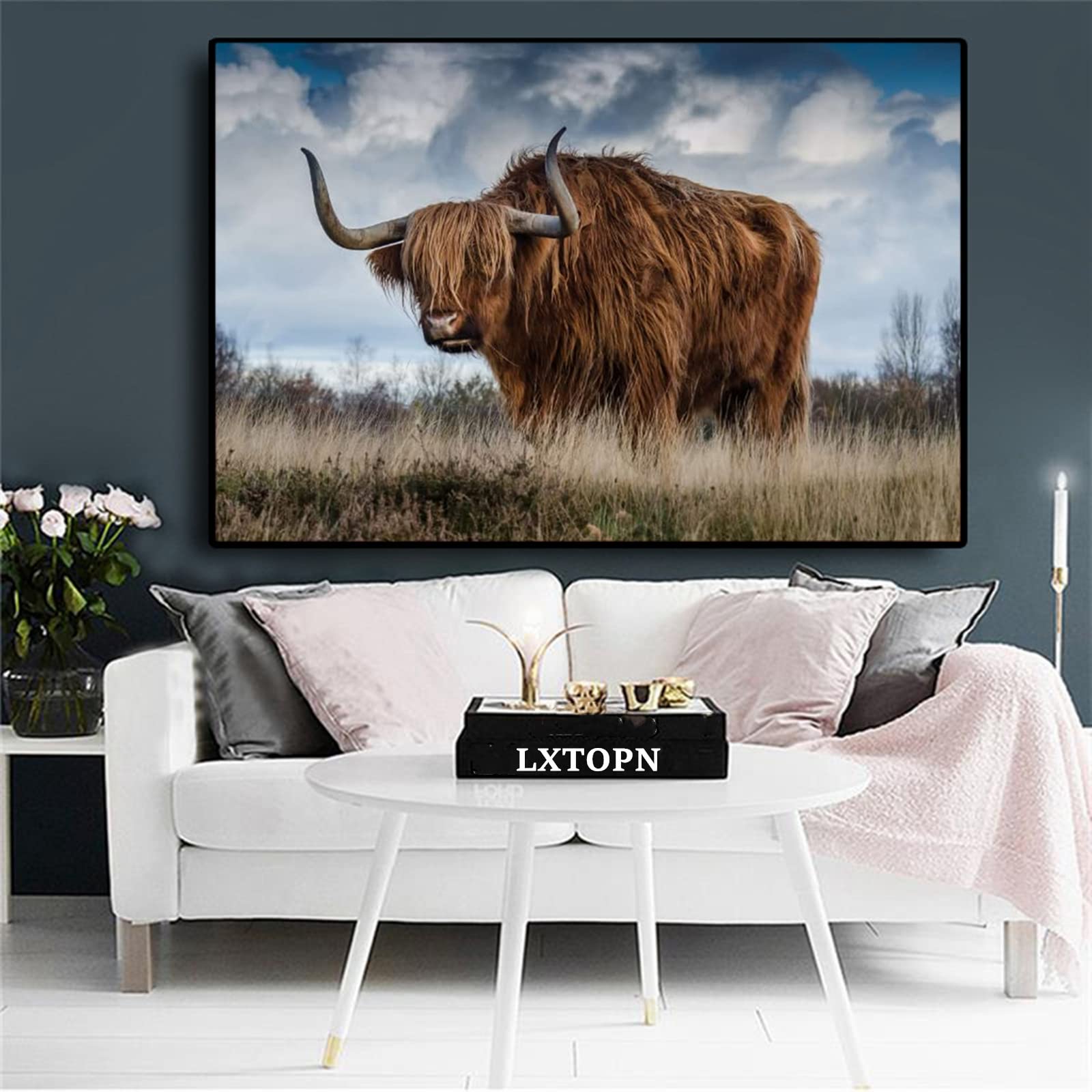 Highland Cow Picture Canvas Prints, Nordic Highland Cow Pictures Print on Canvas Scottish Highland Cow Paintings, No Frame (50x75 cm, Cow-3)