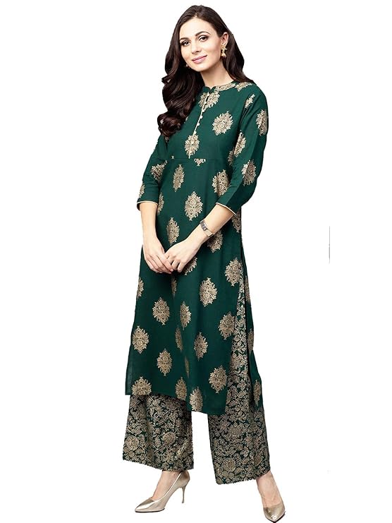 Women Green & Golden Printed Kurta with Palazzos