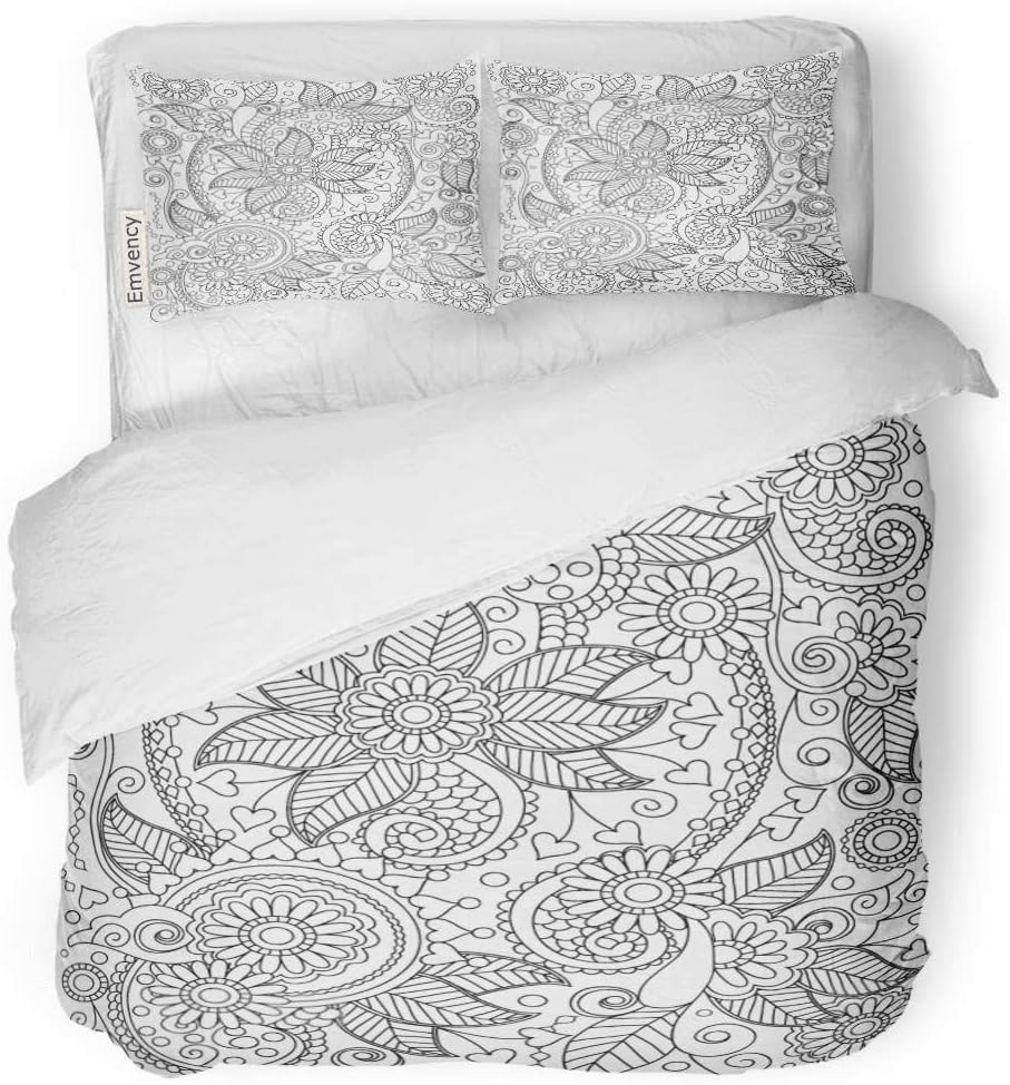 Tarolo Bedding Duvet Cover Set Outline Henna Abstract Mandala Flowers and Paisley Doodle Coloring Page Peace Floral 3 Piece Twin 68"x90" Quilt Cover with Zipper Closure