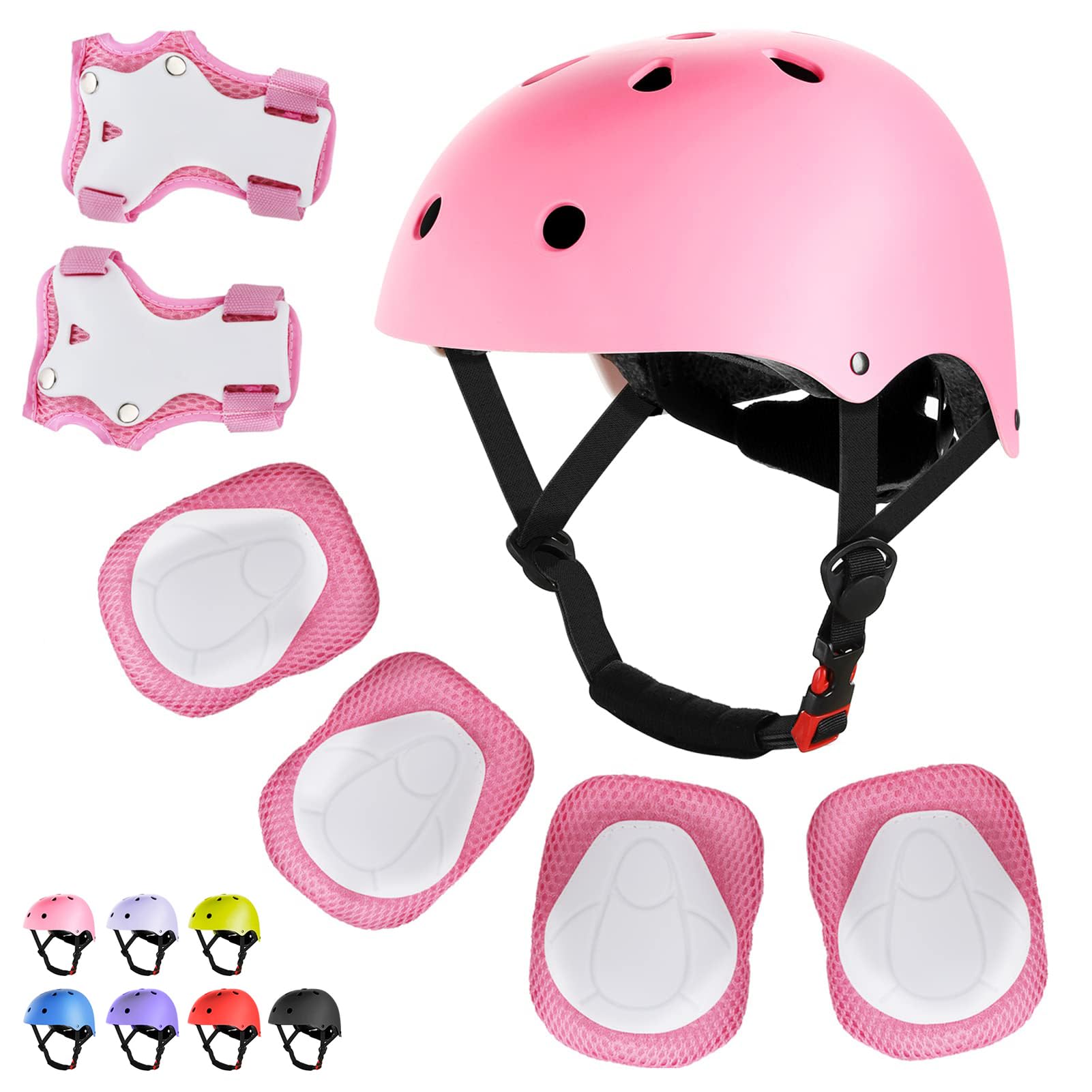 Photo 1 of WayEee Kids Bike Helmet Set Skateboard Knee Pads, 7PCS Protective Gear Adjustable for Girls Boys 3-10 Age Elbow Pads Wrist Guards for Outdoor Sports Cycling Bike Roller Skating Scooter, Youth, Pink
