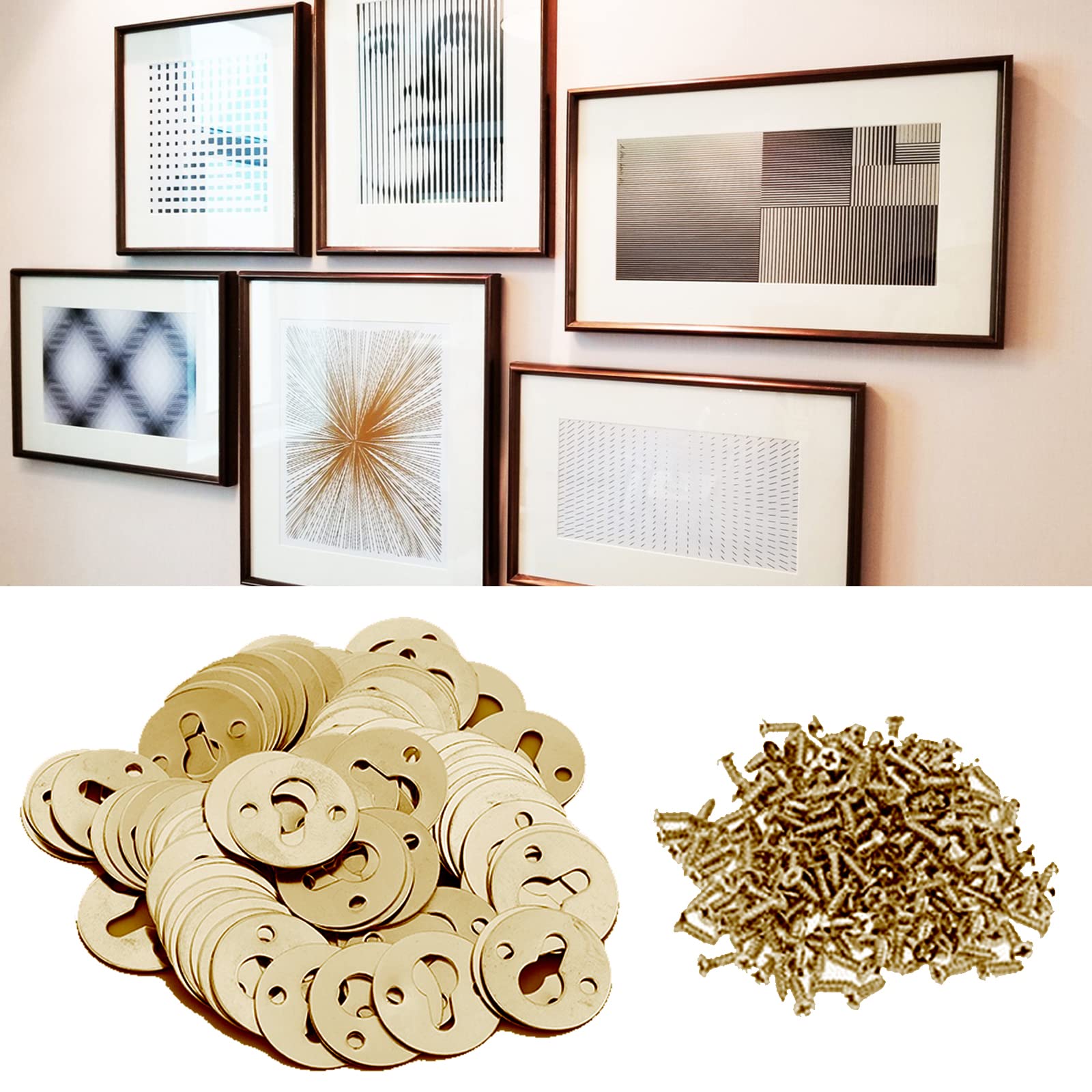 60PCS Round Keyhole Shelf Brackets Hangers, Metal Flat Round Keyhole Hangers with Screws, Picture Frame Hanging Plate for Artworks Picture Wall Decorations (Gold)
