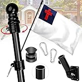 Christian Flag with Poles for Outside House, 6ft Stainless Steel No Tangle Spinning Flag Pole, 180° Multi- Position Mounting Bracket, 3x5 ft Nylon Jesus Flag, Wind Resistant Rust Free Kit (Black)