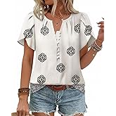 GUNEST Short Sleeve Blouses for Women Casual V Neck Tunic Tops Trendy Boho Loose Fit Button Shirts