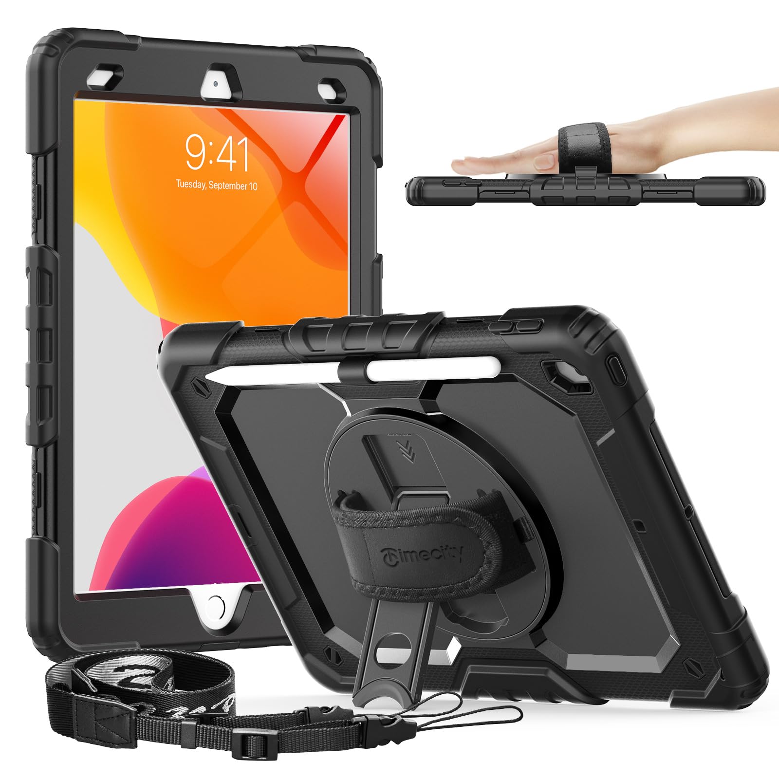 Timecity Case for iPad 9th/ 8th/ 7th Generation 10.2 inch 2021/2020/2019 - Heavy Duty Protective Cover with Screen Protector, Rotating Stand, Shoulder Strap & Pencil Holder | Kids-Friendly, Black