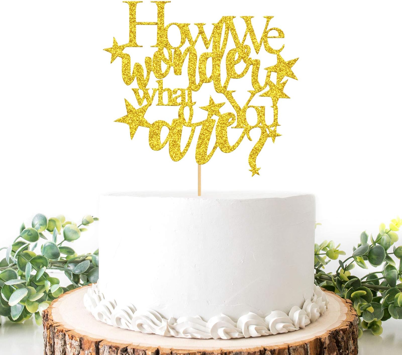 Helewilk Gold Glitter How We Wonder What You Are Cake Topper, Kid’s Birthday Cake Decorations, Gender Reveal / Baby Shower Party Decoration Supplies