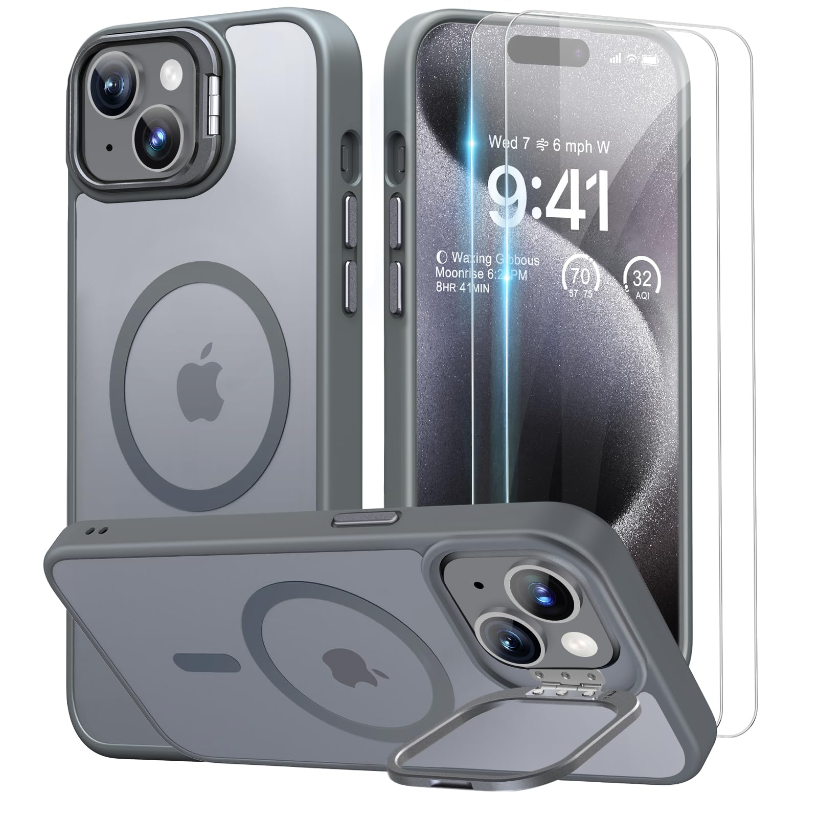 Beeasy for iPhone 15 Case MagSafe Phone Case with 2 Screen Protectors and Stand, Military Shockproof Protective Slim Cover, Case for iPhone 15 6.1 Inch, Translucent Gray