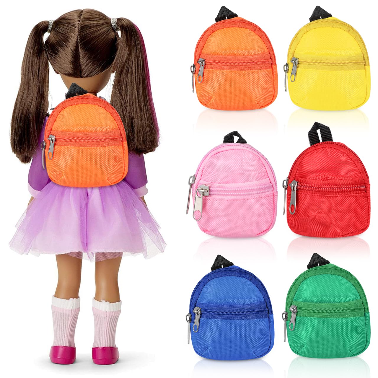 Abaodam Mini Doll Backpacks 6Pcs, Canvas Zipper School Bags, Miniature Dollhouse Accessories for Pretend Play, Colourful Doll Bag Set