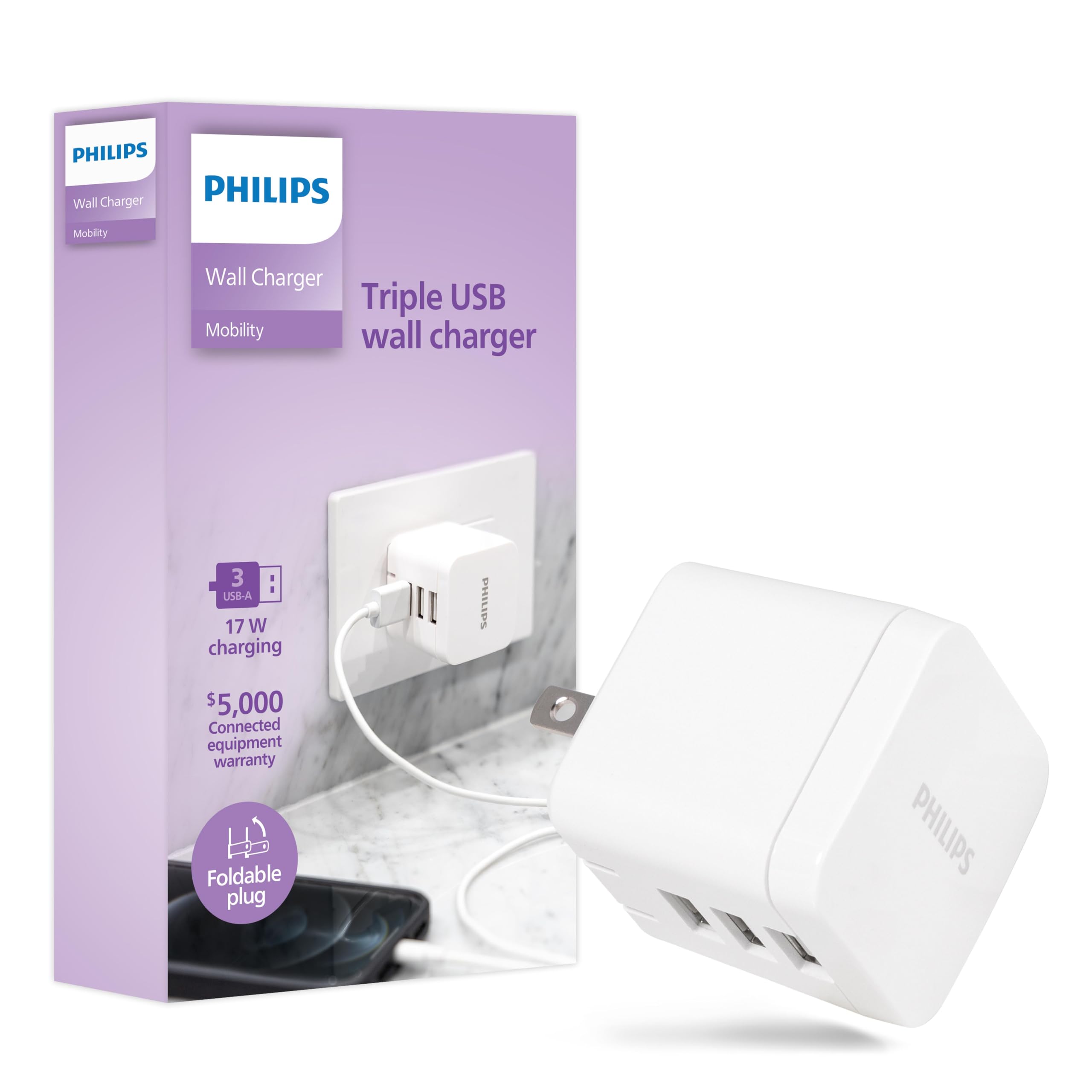 Philips iPhone USB Wall Charger Block, 17W 3-Port USB A Charging Block for iPhone 14, 13, 12 Series, iPad Power Adapter Cube, Foldable Plug Charging Box, DLP2408/37