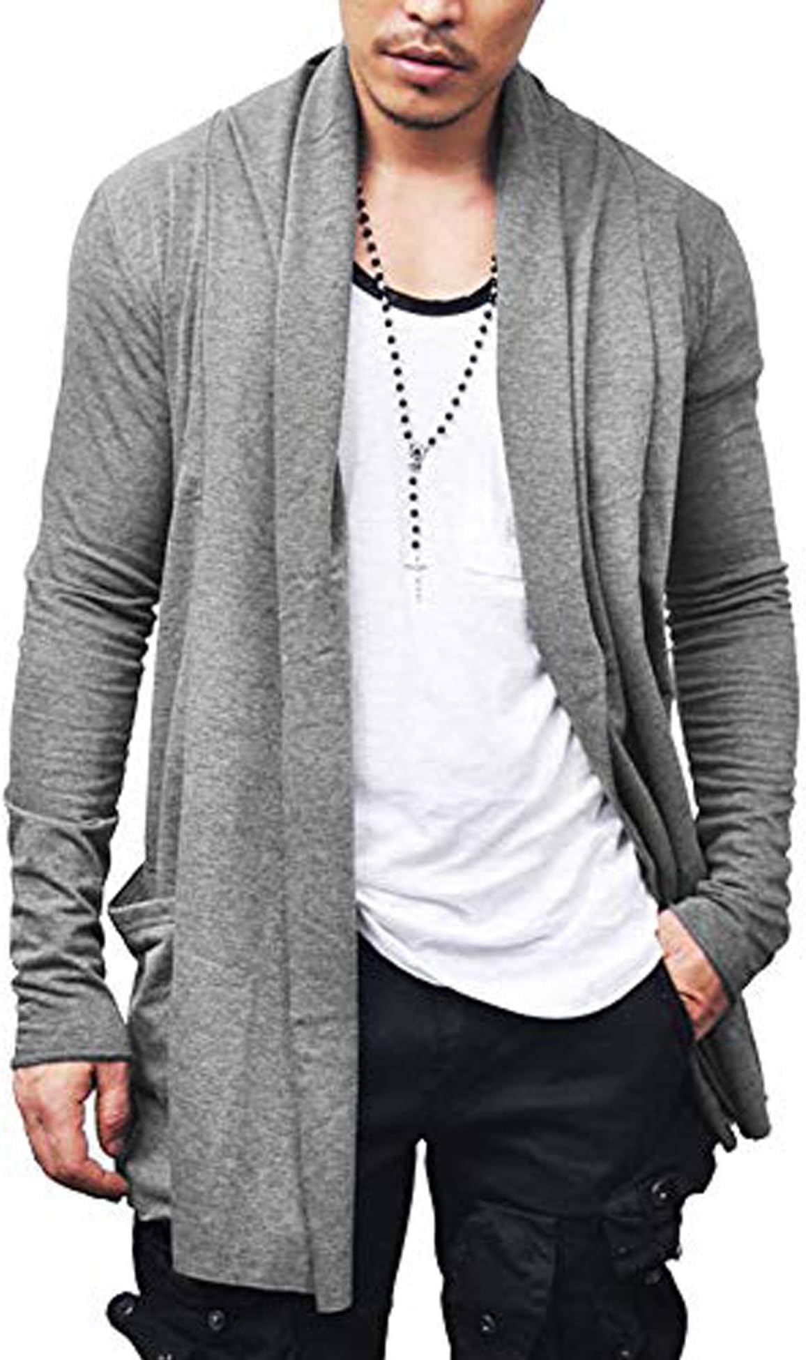 Men's Ruffle Shawl Collar Cardigan Lightweight Cotton Blend Long Length Drape Cape Overcoat