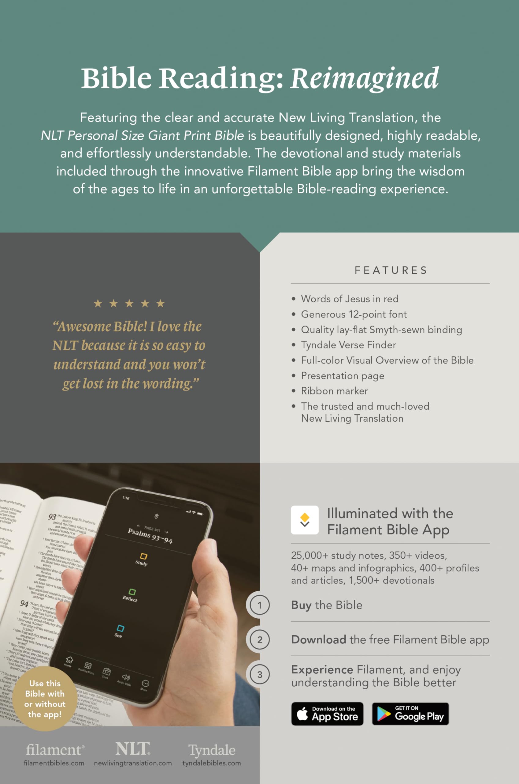 NLT Personal Size Giant Print Bible, Filament Enabled (LeatherLike, Peony Pink, Red Letter): Includes Free Access to the Filament Bible App Delivering ... Notes, Devotionals, Worship Music, and Video