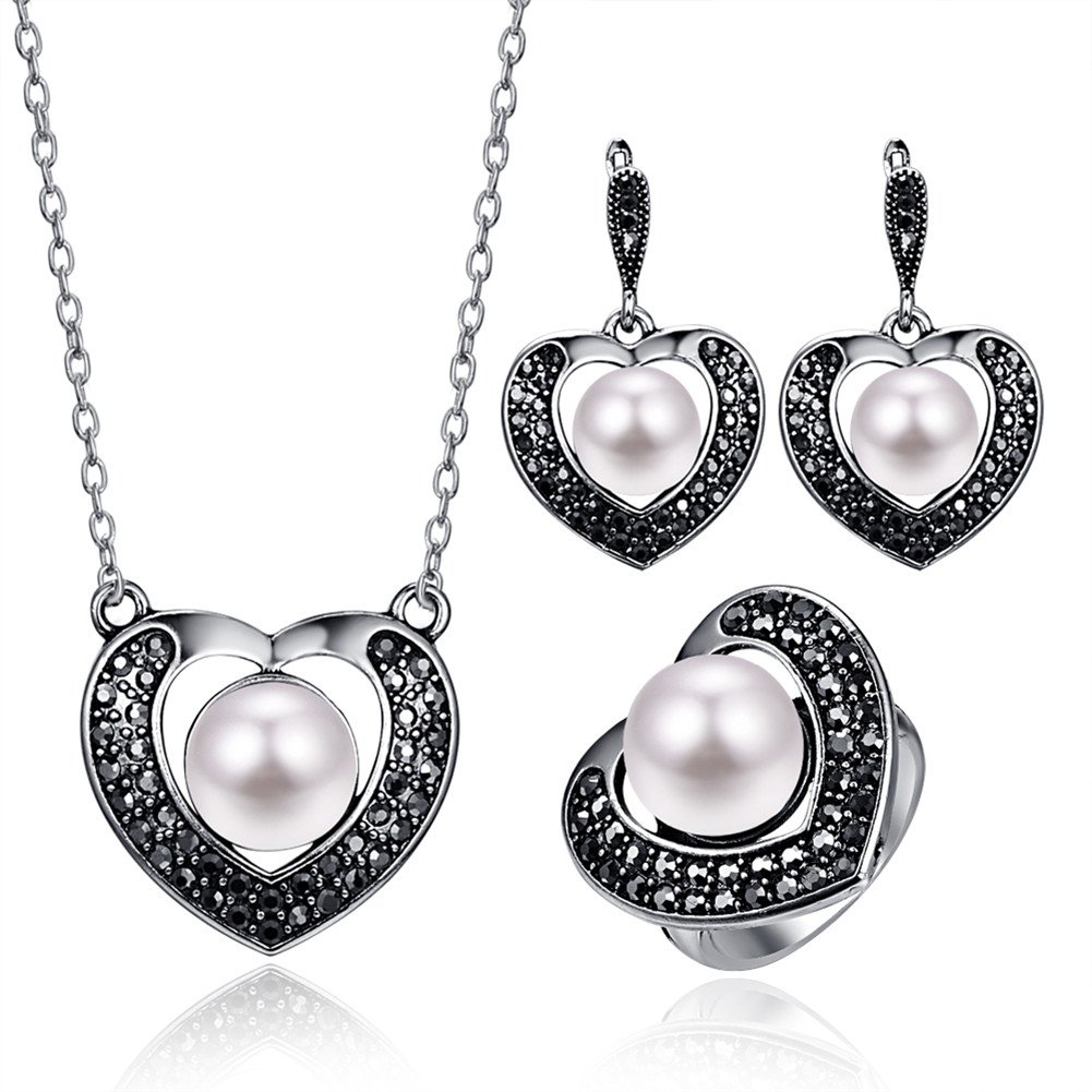 14K Platinum Alloy Forever Lover Heart Pendant Necklace, Single Pearl Necklace Earring Crystal Jewelry Set for Christmas Gift - Ring#7
