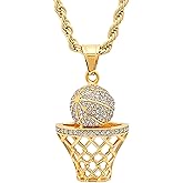 Basketball Necklace - 18K Plated Basketball Chain with Hoop for Men, Women, Teens - Gold, Silver & Black Color Options - Stainless Steel Sports Pendant with Simulated Diamond CZ Stones