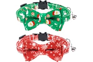 Malier 2 Pack Christmas Cat Collars Breakaway with Bow Tie and Bell, Classic Buffalo Plaid Kitten Collar with Cat Bow Tie Cat Collar for Cats Kitty Kitten Cat Stocking (Christmas)
