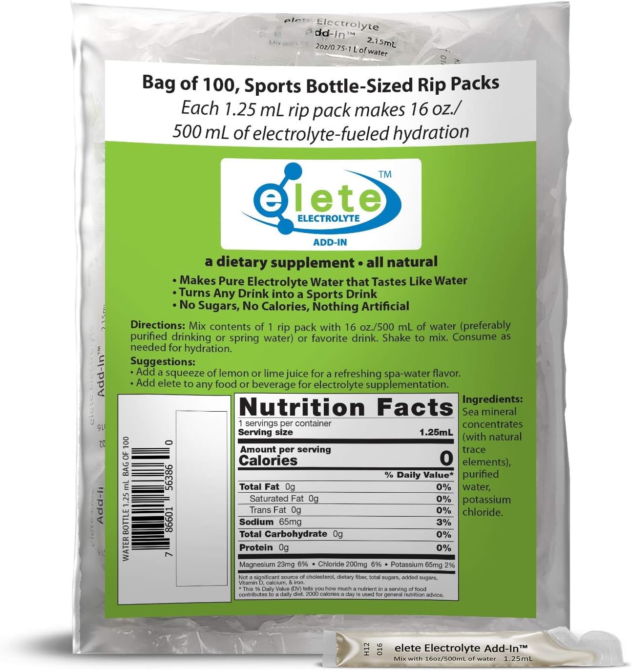 elete – Electrolyte Add-In – Bag of 1.25 mL Rip Packs – 4 Natural Essential Electrolytes Concentrate – All Natural – Transforms Any Drink into a Sports Drink – 100 Count