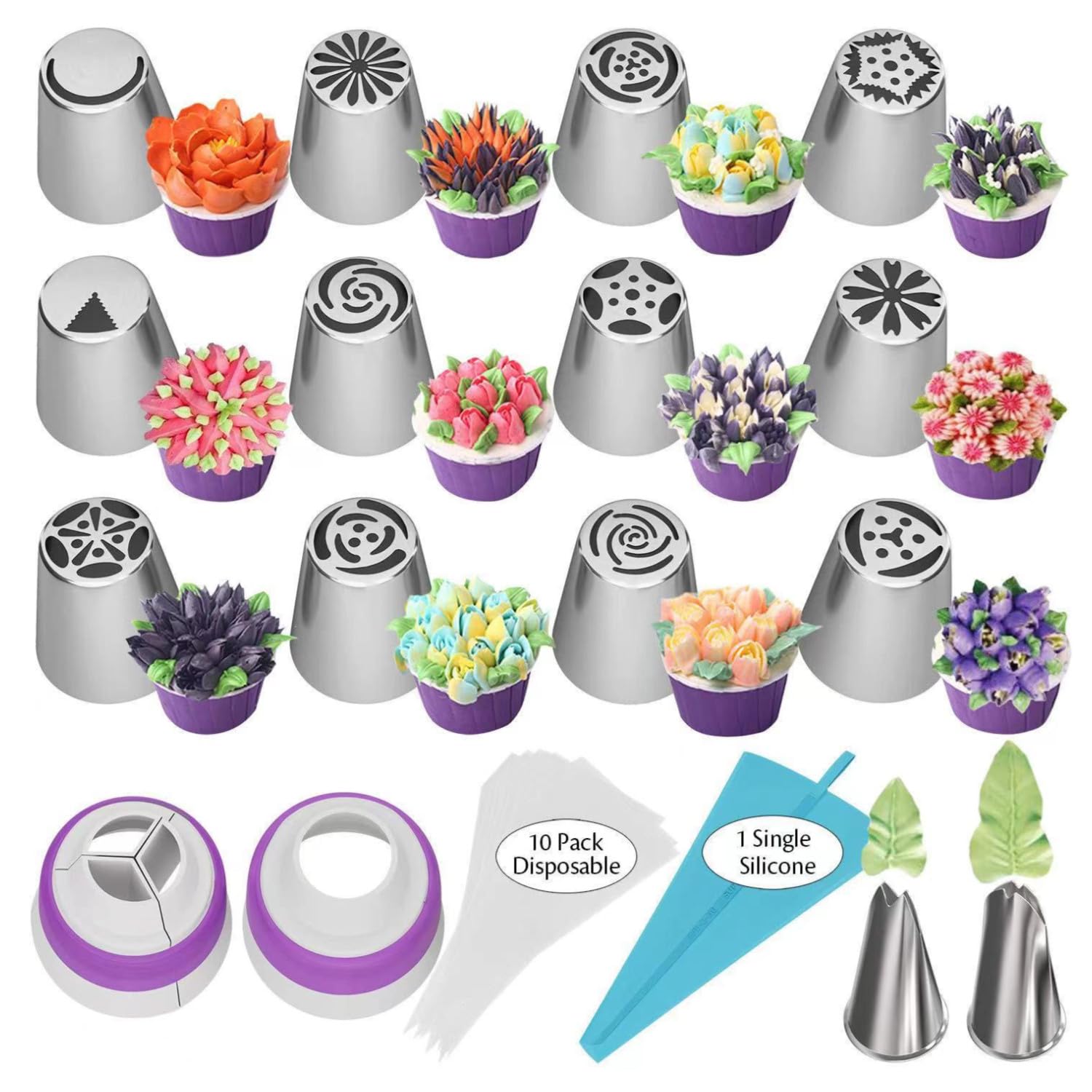 JJiaoLinin Piping Bag and Nozzles Set,27 Pcs Professional Piping Nozzles & Reusable Bag Gift Set Stainless Steel Nozzles Set Piping Kit & Baking Tools for Cupcakes Cookies Cream Cake Decorating
