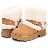 Goldnut Furry Winter Boots for Women, Block Heels Snow Boot Platform Flurry Fuzzy Winter Booties Buckle Slip-On Comfort Outdoor Walking Shoes