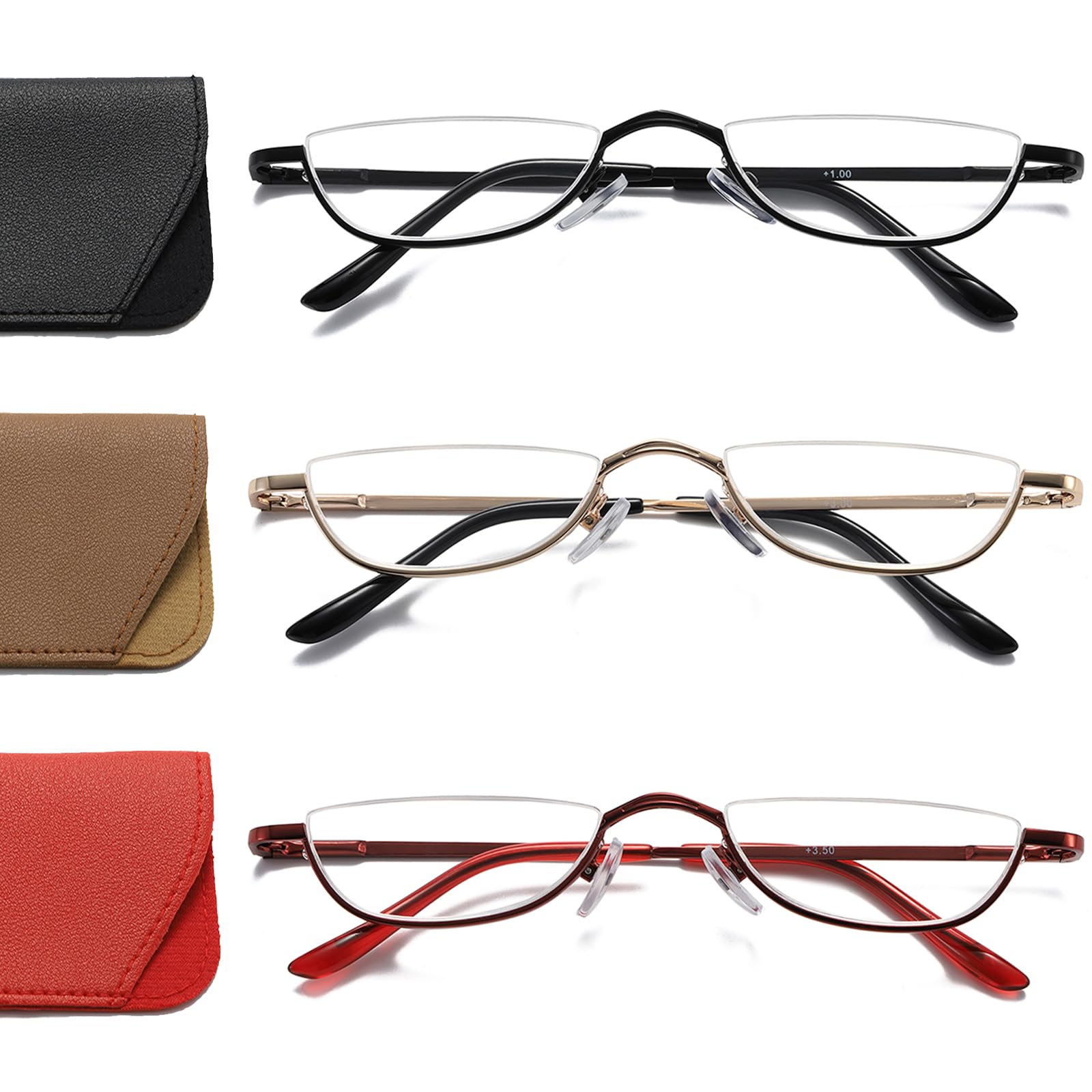 Hubeye 3 Pairs Half Moon Reading Glasses Metal Slim Semi Rimless Eyewear Spring Hinge Ultra Thin Readers for Men Women with glasses holster 1.00 — image 1
