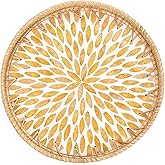 Tynulox Round Rattan Tray with Mother of Pearl Inlay, Rattan Serving Tray for Coffee, Bread, Fruits, Decorative Wicker Tray for Table Decor, Home Decor, Kitchen Island Decor (Amber Leaf, 11.8")