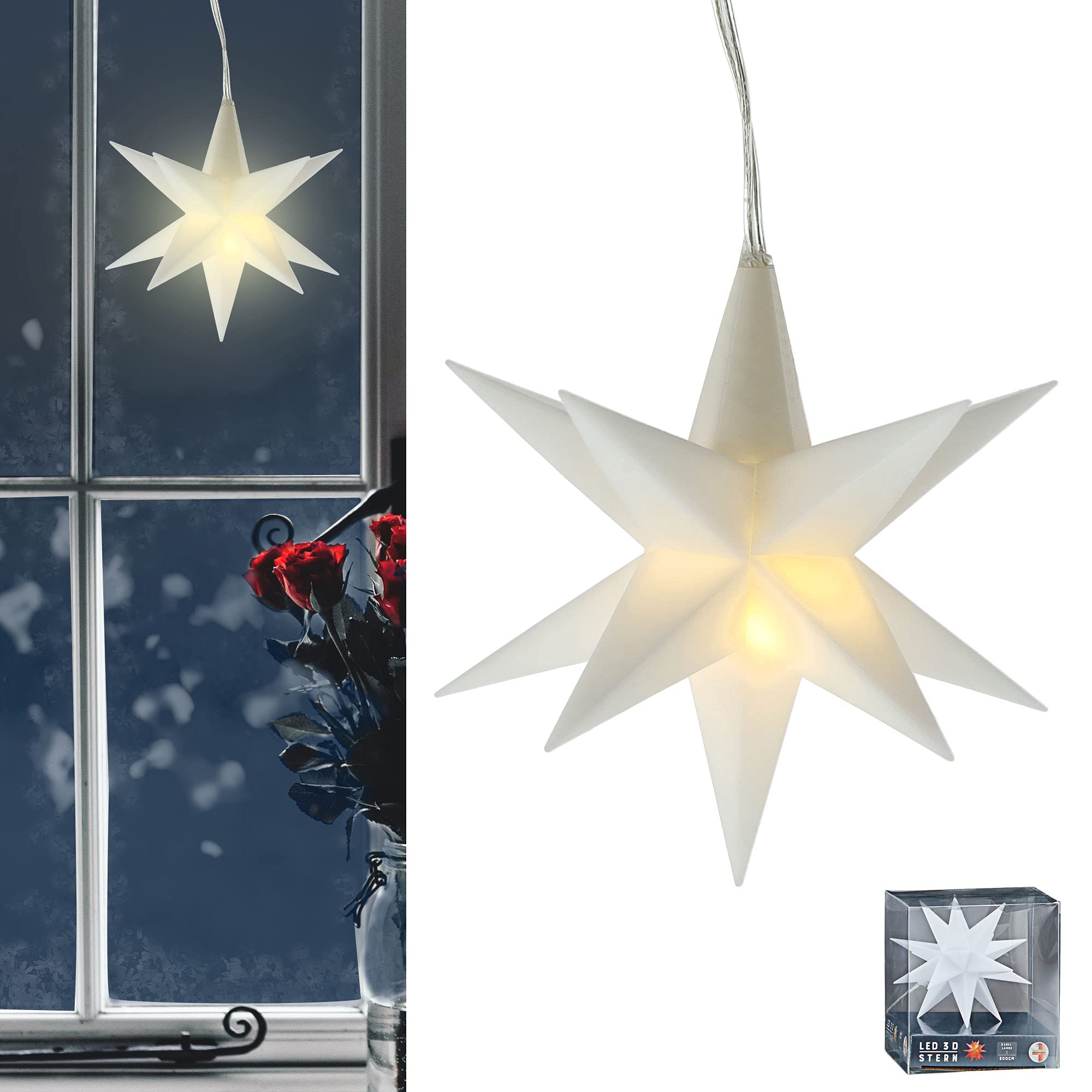 Cepewa Luminous Star 3D White 12 Prongs for Hanging | Diameter 11 cm Timer Function 3 m Cable | Christmas Star Lighting