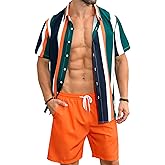 LecGee Men's Hawaiian Shirt Set Tropical Print Striped Button Down Hawaiian Shirt and Shorts 2 Piece Outfits
