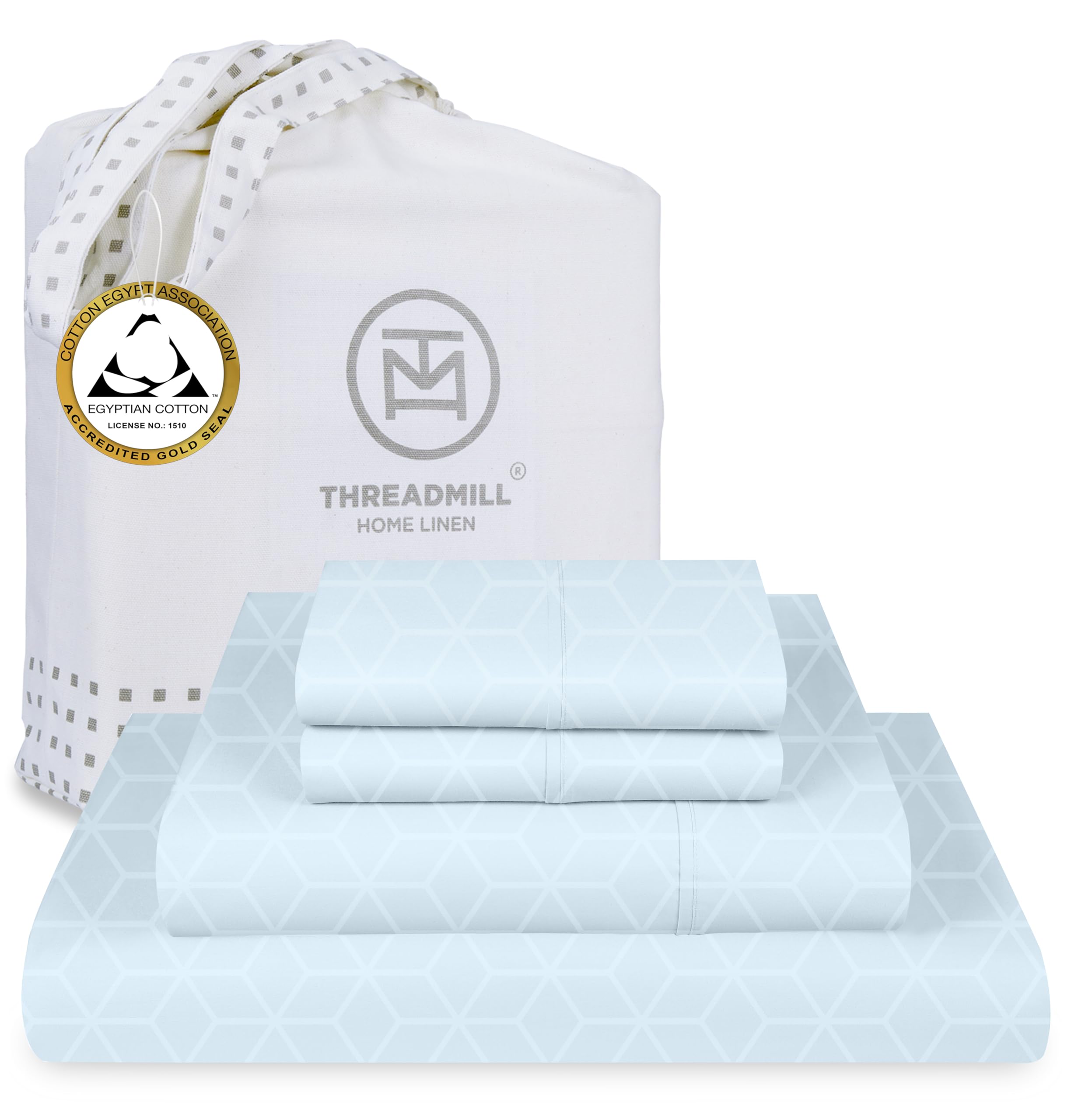Photo 1 of Threadmill Egyptian Cotton Sheets for King Size Bed | 100% Certified Egyptian Cotton King Bed Sheets Set | Snug Fit Elastic Deep Pocket King Sheets Soft, Breathable Damask Jacquard | Light Blue