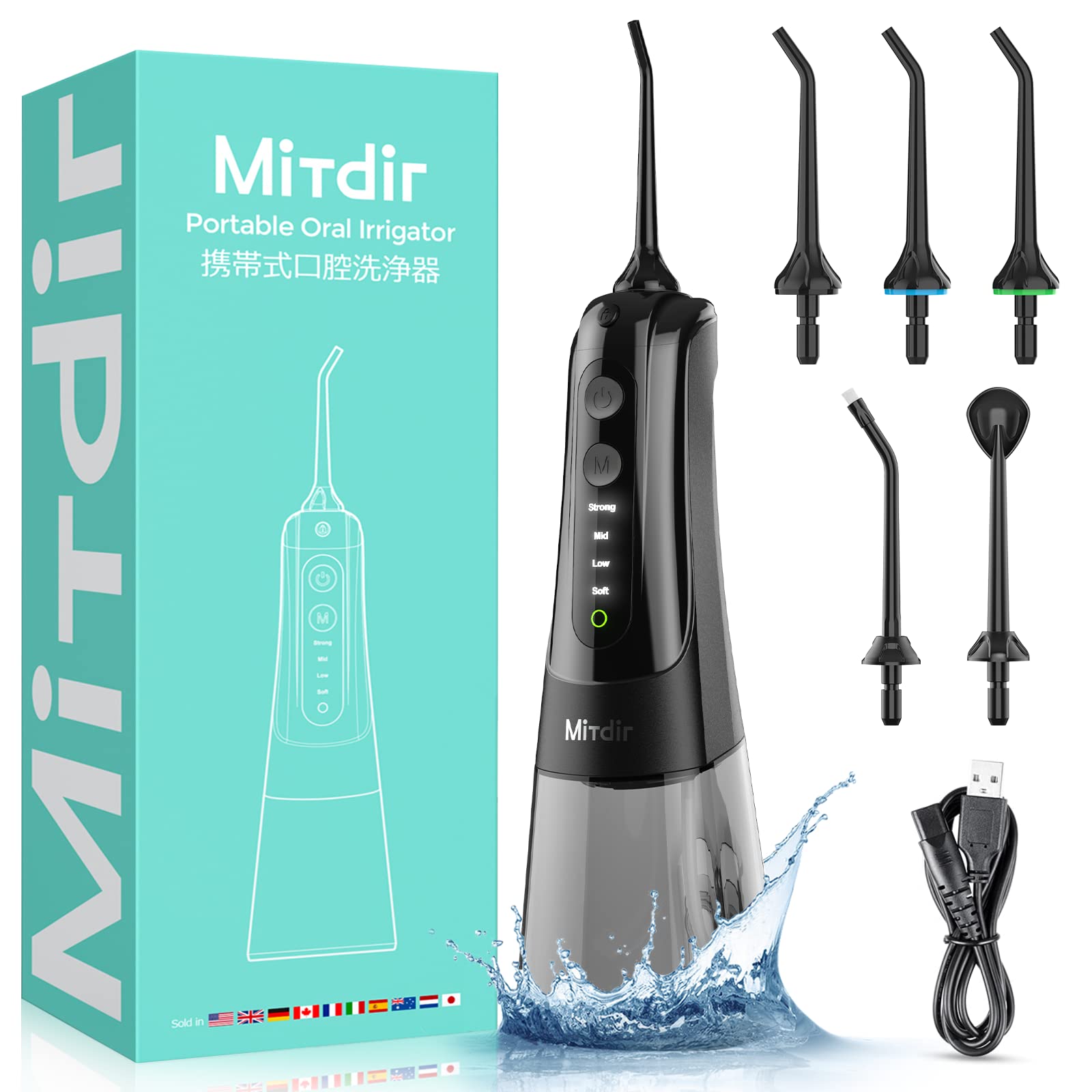 MiTdir Water Dental Flosser Oral Irrigator 5 Jet Tips 4 Modes IPX7 Waterproof 300ML Detachable Large Water Tank Portable Cordless Rechargeable Teeth Cleaner for Home&Travel (Black)