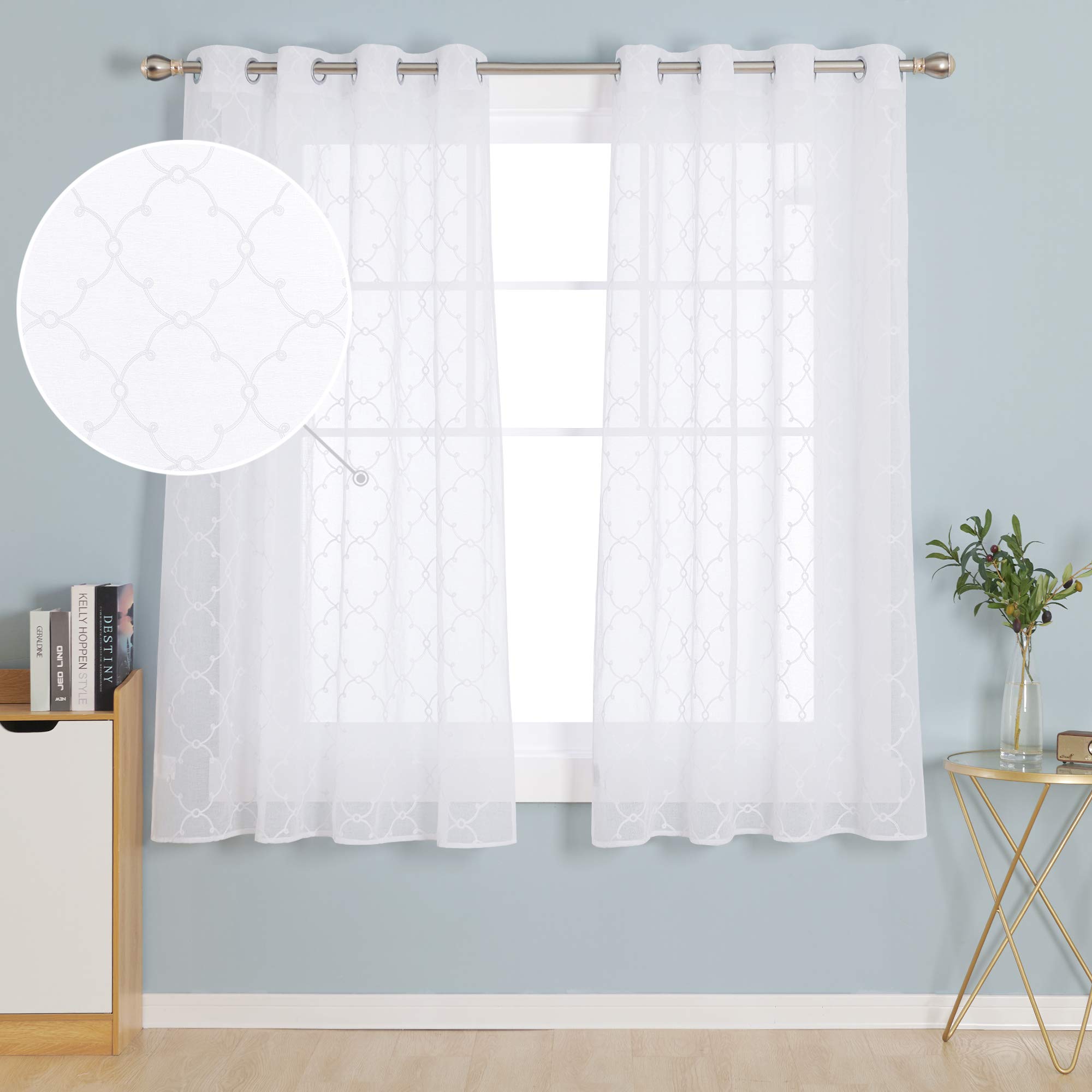 Deconovo Top Ring Diamond Embroidery Net Curtains Semi Transparent Curtains Faux Linen Sheer Curtains for Living Room 55 x72 Drop Inch White 2 Panels