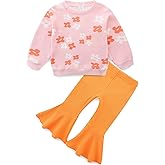 Baby Girl Bell Bottoms Outfits Floral Knit Crewneck Sweatshirts and Flare Pants Set Toddler 2Pcs Fall Winter Clothes