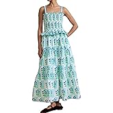 Women Summer Smocked Flowy Dress Spaghetti Strap Square Neck Floral Dress Ruffle Patchwork Boho A Line Midi Sun Dress