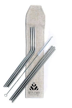 Minimo Reusable Stainless Steel Metal Straws - Pack of 4 (Straight & Bent) with Brush and Jute Pouch Cutlery
