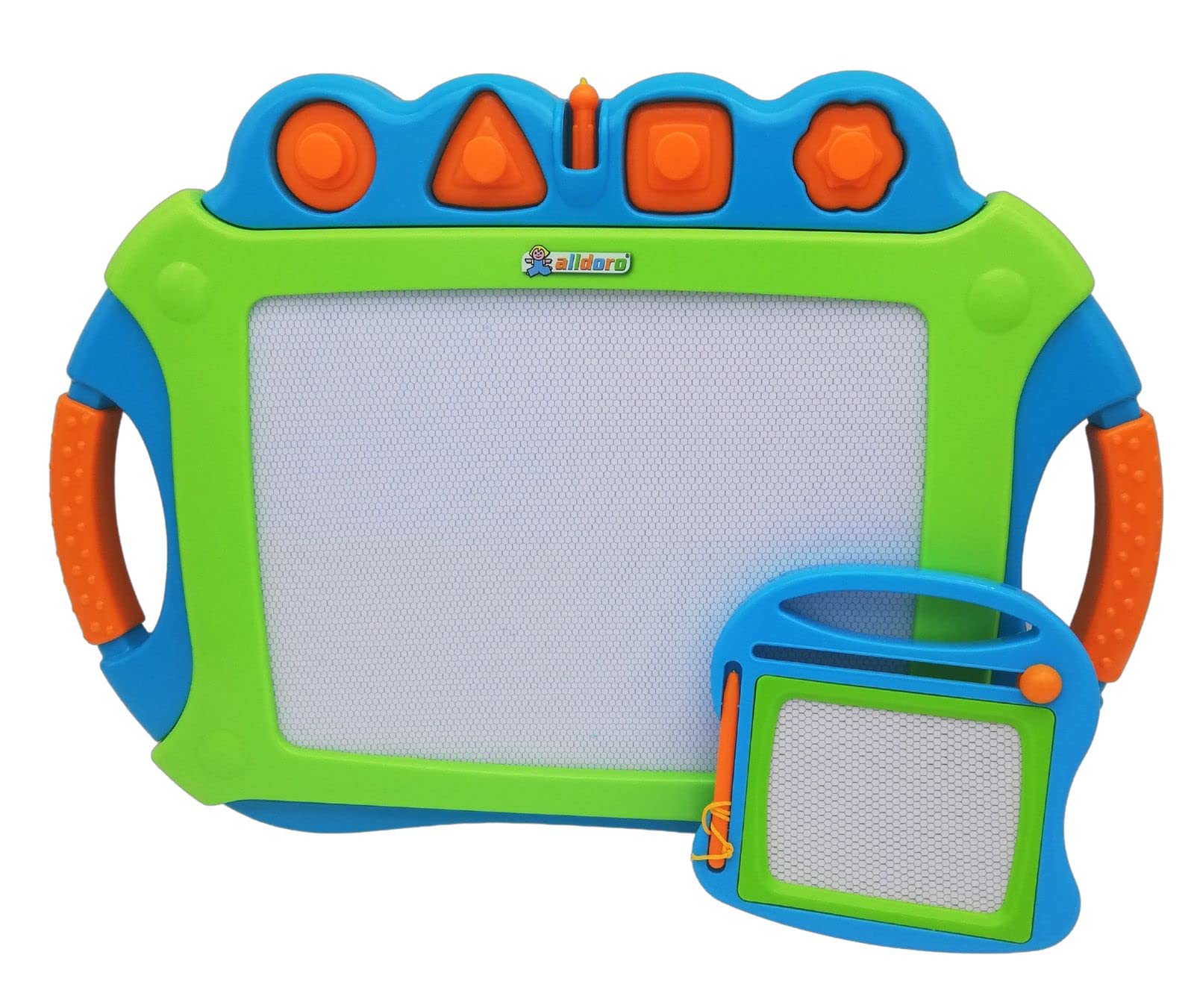 alldoro 68515 Drawing 2 in 1 Set, Large Artist with Colourful Display, 45 x 31.5 cm and Small Magnetic Black/White Approx. 14.5 x 14.5 cm, Magic Board with 4 Stamps, Children from 3 Years, 45 x 31,5