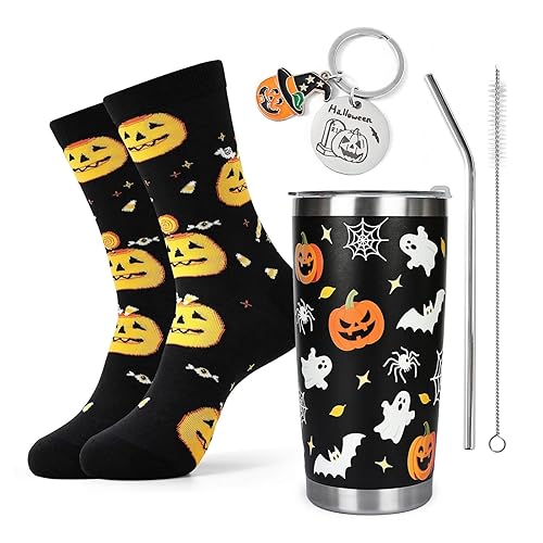 Merclix Halloween Gifts for Women Halloween Mug Socks 6-9 Pumpkin Keychain Haloween Accessories Ladies Gifts for Her Presents for Women Hallowee