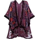 WeHello Women's Burnout Velvet Kimono Long Cardigan Cover Up Casual Outfit