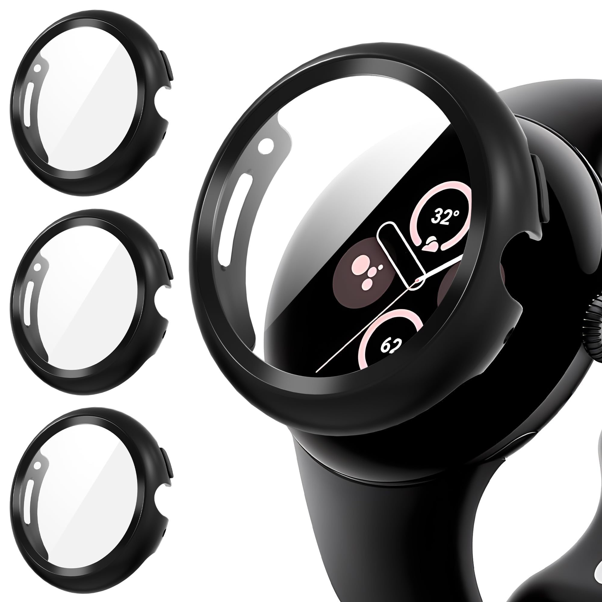 Diruite 3-Pack Screen Protector for Google Pixel Watch 3/2/1 41mm Tempered Glass Case All Around Hard PC Protective Cover,Black&Black&Black