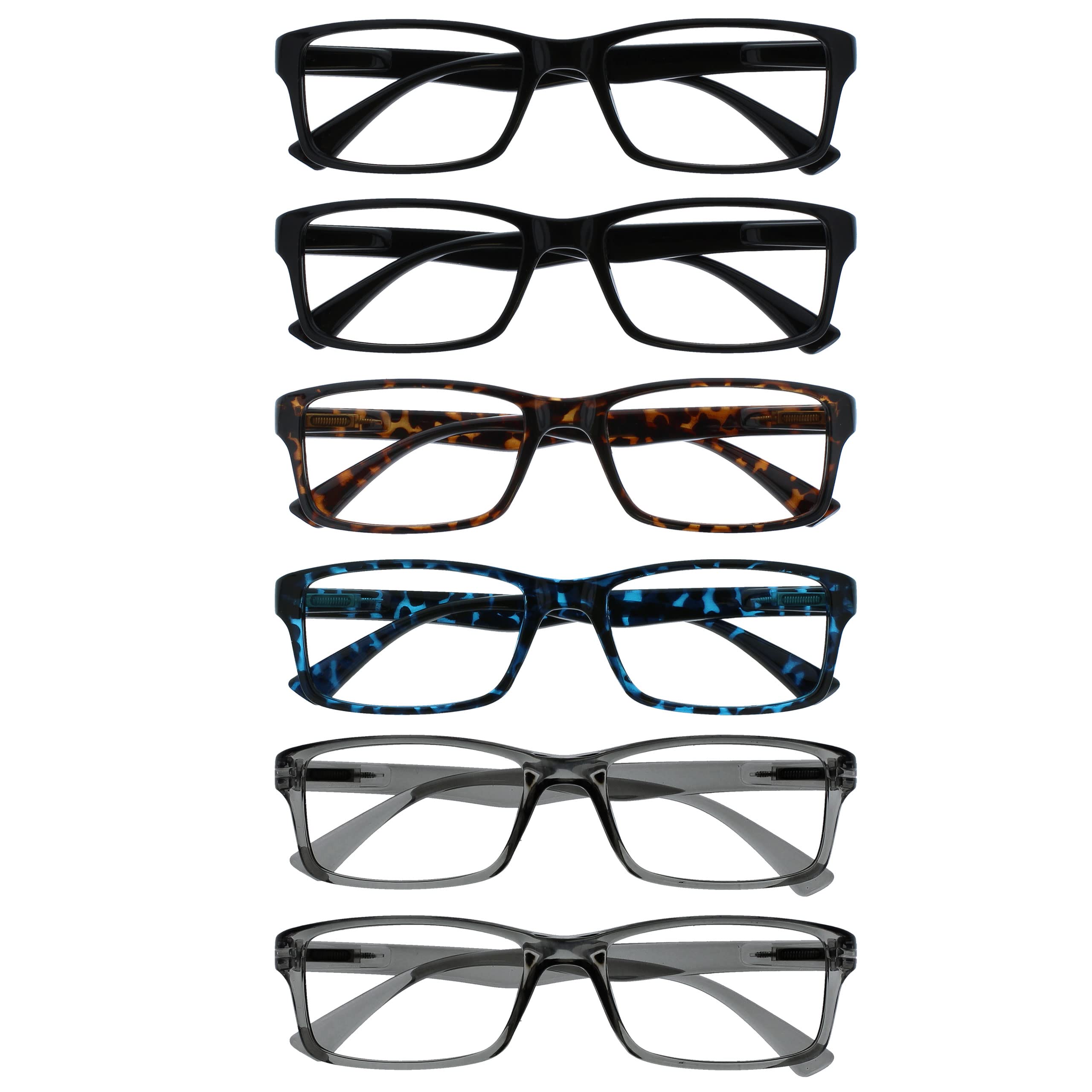 OPULIZE PEP Classic Reading Glasses for Women Men, Scratch Resistant Rectangular Frame with Spring Hinges, Black, Brown, Blue, Grey, +3.5 (Pack of 6)